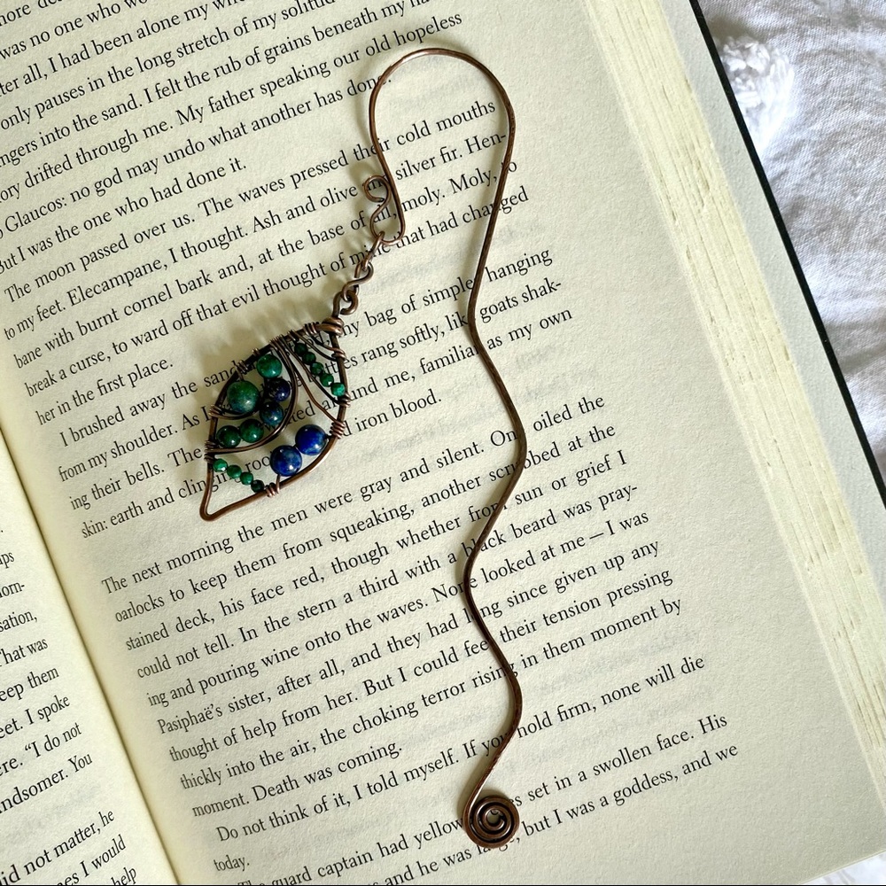 Handcrafted Azurite + Malachite Hammered Copper Leaf Pendant Bookmark
